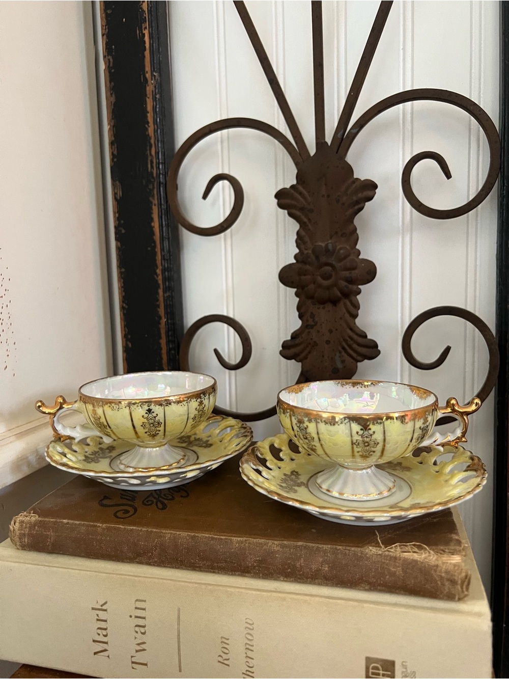 Royal Sealy Vintage Yellow Lusterware Footed Teacup and Reticulated Saucer Sets